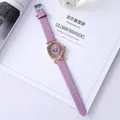 Elegant purple leather watch for women with rose gold case and diamond heart dial - Purple