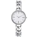 Detailopname van zilveren dameshorloge met strass-bezel en modieuze grove schakelarmband - Standaard / Zilver