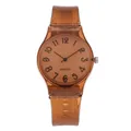 Detail view of transparent brown silicone watch with clear numeric dial and quartz movement - Brown