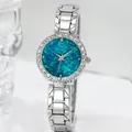 Elegant dameshorloge met zilveren roestvrijstalen band en diamantgezette opaal - Zilveren Kast Groene Wijzerplaat