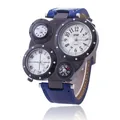 Dual-Uhrwerk Steampunk Sportuhr mit Thermometer, Kompass und blauem Lederarmband - Blaues Armband Schwarzes Zifferblatt