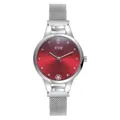 Elegante Armbanduhr mit silbernem Mesh-Armband, tiefrotem Zifferblatt und Strasssteinen - Rot