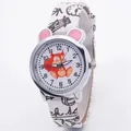 Pink ear squirrel watch with white leather strap and Arabic numerals for girls - White