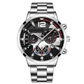 Men's business quartz watch with silver steel strap, black chronograph dial and luminous hands - Silver Black Dial