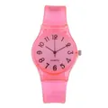 Close-up of pink translucent jelly watch featuring clear black Arabic numerals and quartz dial - Pink