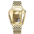 Detail van de gouden geometrische kast en gepolijste schakelarmband van dit herenhorloge - Goud