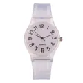 Detail of transparent silicone jelly watch with white dial and clear black numerals - White