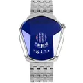 Zilveren herenhorloge van roestvrij staal met blauw geometrisch glas en draaischijf - Zilveren Band Blauwe Wijzerplaat