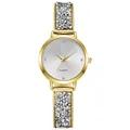 Women's gold quartz watch with a sunray silver dial and sparkling crystal-set bracelet - Gold White