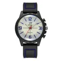 Dettaglio orologio al quarzo con quadrante bianco, numeri blu e cinturino in silicone - Blu