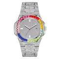 Luxe zilveren horloge met regenboog lunette en volledige diamant pavé kast - Zilver