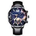 Dettaglio del quadrante cronografo blu testurizzato e cinturino in pelle nera da uomo - Cinturino Nero Quadrante Blu Orologio Singolo