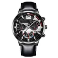 Dettaglio macro del cinturino in pelle e quadrante cronografo con accenti rossi e metallo - Cinturino Nero Cassa Nera Lancette Argento Orologio Singolo