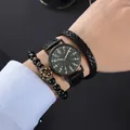 Men's quartz watch set with black leather strap, woven bracelet and beaded crown jewelry - Green + Bracelet