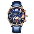 Macro detail of men's chronograph watch featuring a blue leather strap and gold metal case - Blue Strap Rose Gold Case Blue Dial Single Watch