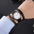 Men's fashion quartz watch set with black leather strap and beaded crown bracelets - White + Bracelet