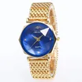 Montre à quartz dorée pour femme avec cadran bleu taillé diamant et bracelet maille - Bracelet Or Cadran Bleu