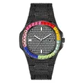 Luxe zwart dameshorloge met volledige diamantzetting en regenboog edelstenen op de bezel - Zwart