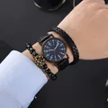 Men's quartz watch set with black leather strap, woven bracelet and beaded crown accessory - Blue + Bracelet