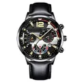 Detailed macro view of black leather strap and multi-dial business quartz watch face - Black Strap Silver Dial Gold Hands Single Watch