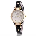 Women's gold quartz watch with black leather strap and textured white dial - Black