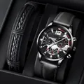 Detailed macro view of business quartz watch with leather strap and woven bracelet - Black Strap Black Case Silver Hands + Bracelet