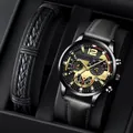 Close-up of classic men's business watch set with leather strap and braided bracelet - Black Strap Gold Dial Gold Hands With Bracelet