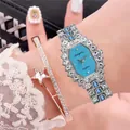 Luxury women's quartz watch set with blue starry dial and rhinestone bracelet - Watch + Bracelet Set / Silver Strap Blue Dial With Bracelet