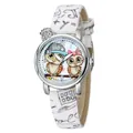 Sweet owl pattern quartz watch for girls with white leather strap and shiny crystal charm - White