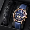 Business men's watch set with leather strap and woven bracelet in premium gift box - Blue Strap Rose Gold Case Blue Dial With Bracelet