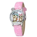 Detailed close-up of a pink quartz kids watch featuring a cute cartoon owl dial design - Pink