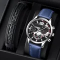 Classic men's quartz watch with blue leather strap and black woven bracelet set in a gift box - Blue Strap Silver Case Black Dial With Bracelet