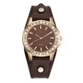 Women's quartz watch with rose gold crystal bezel and wide brown studded leather cuff strap - Brown