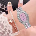Luxury women's quartz watch with pink octagon dial and sparkling rhinestone bracelet set - Watch + Bracelet Set / Silver Strap Pink Dial With Bracelet