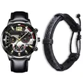 Close-up of classic business quartz watch with leather strap and woven bracelet set - Black Strap Silver Dial Gold Hands With Bracelet