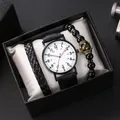 Men's gift set featuring a black leather watch and two stylish beaded bracelets in a box - White + Bracelet + Box