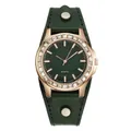 Detailed macro view of green quartz watch dial with rose gold case and crystal bezel - Green
