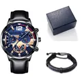 Dettaglio orologio da uomo blu con cinturino in pelle nera e bracciale intrecciato in box - Cinturino Nero Quadrante Blu Con Bracciale Confezione