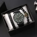 Men's gift set with army green quartz watch, black leather and beaded crown bracelets - Green + Bracelet + Box
