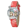 Macro shot of owl watch dial featuring white geometric patterns on a red leather strap - Red
