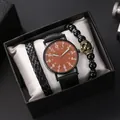 Men's retro quartz watch set with luminous brown dial and black leather bracelets - Brown + Bracelet + Box