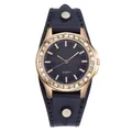 Macro detail of rose gold watch case with crystal bezel and blue leather strap texture - Navy Blue