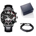 Classic men's business quartz watch set with black leather strap and woven bracelet - Black Case Black Strap Silver Dial Watch Set With Bracelet And Box