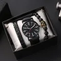 Men's gift set featuring a black leather watch and two matching beaded bracelets in a box - Black + Bracelet + Box