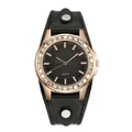 Women's quartz watch with rose gold diamond bezel and wide black leather strap - Black