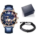Men's fashion business quartz watch set with leather strap and woven bracelet in gift box - Blue Strap Rose Gold Case Blue Dial With Bracelet Packaging