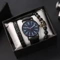 Men's fashion quartz watch set with black leather bracelet and crown beaded jewelry - Blue + Bracelet + Box