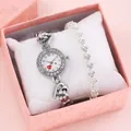 Silver quartz watch and heart-shaped rhinestone bracelet set in a pink gift box - Silver + Bracelet + Box
