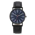 Detail of quartz watch with black leather strap, blue dual-time dial, and red second hand - Blue Watch Only