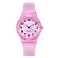 Pink translucent quartz watch for women with numeric dial and silicone strap on white background - Pink